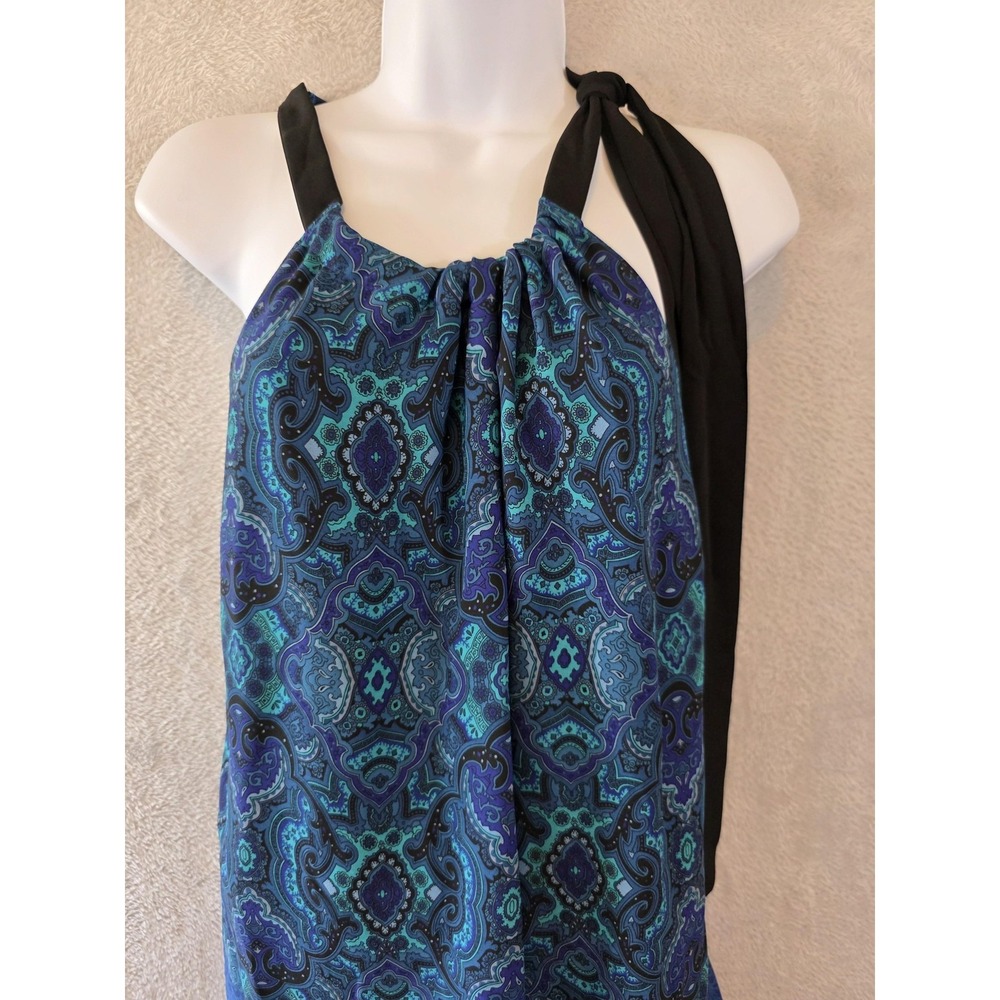 NWT T Tahari Blouse Womens Large Blue Paisley Halter Chiffon‎ Lined Office Party - Picture 2 of 11